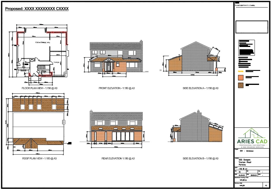 Residential house extension planning drawing package showing existing and proposed floor plans with all elevations by Aries CAD